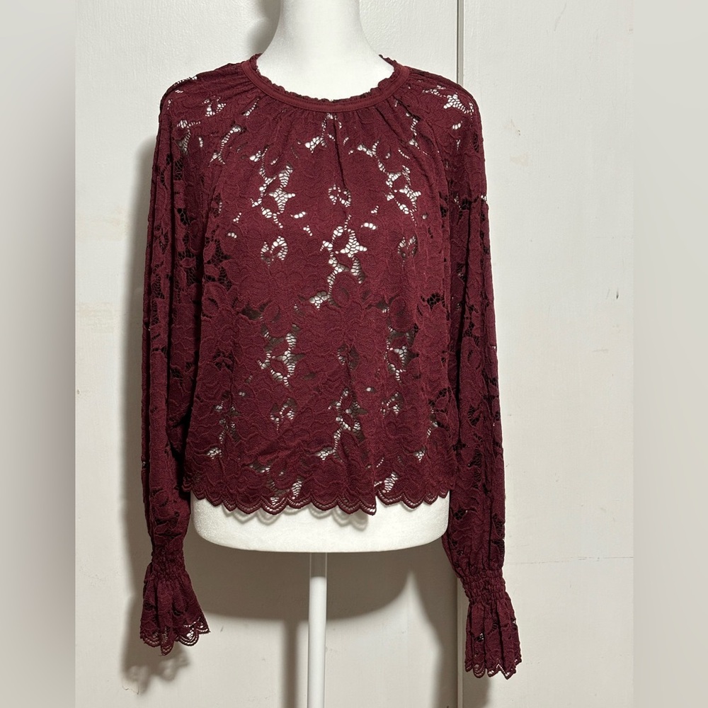Free People Olivia Lace Top Blouse Wine Burgundy Long Bell Sleeves Size XS